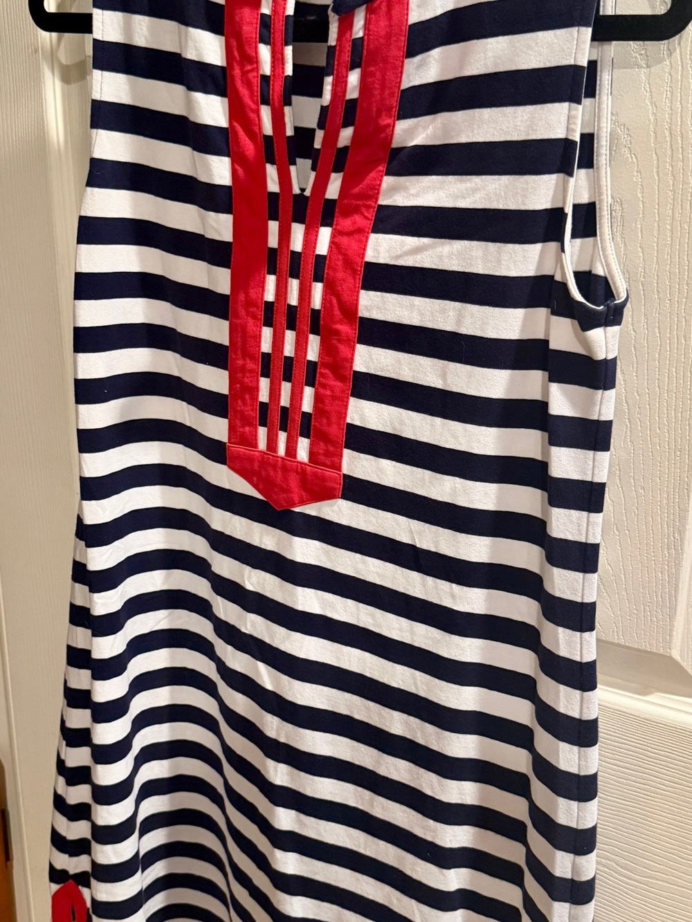 Duffield Lane Navy and White Striped Midi Dress with Red Trim